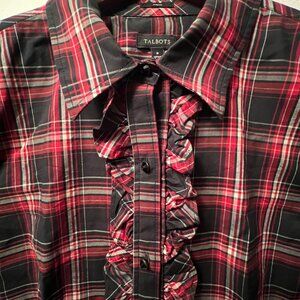Talbots Blouse Tartan Plaid Red Black Ruffle Holiday